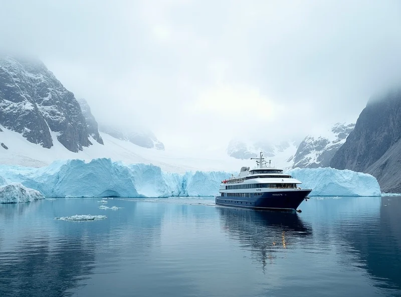 Expedition cruise ship among icebergs