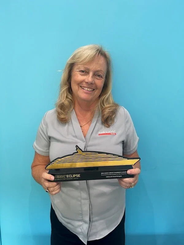 Lesley from The Luxury Holiday Company with a Scenic Eclipse trophy